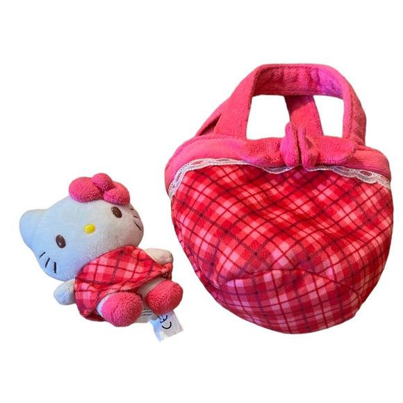 Hello Kitty Soft Small Bag Purse & Plush Toy Sanrio 2015 Pink Plaid - Picture 2 of 7